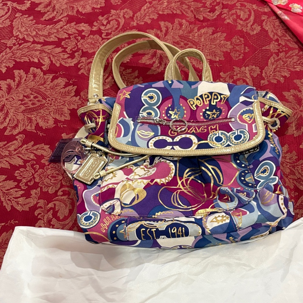 Authentic Coach Poppy Multicolor Gold Accents Medium Backpack - Picture 1 of 16
